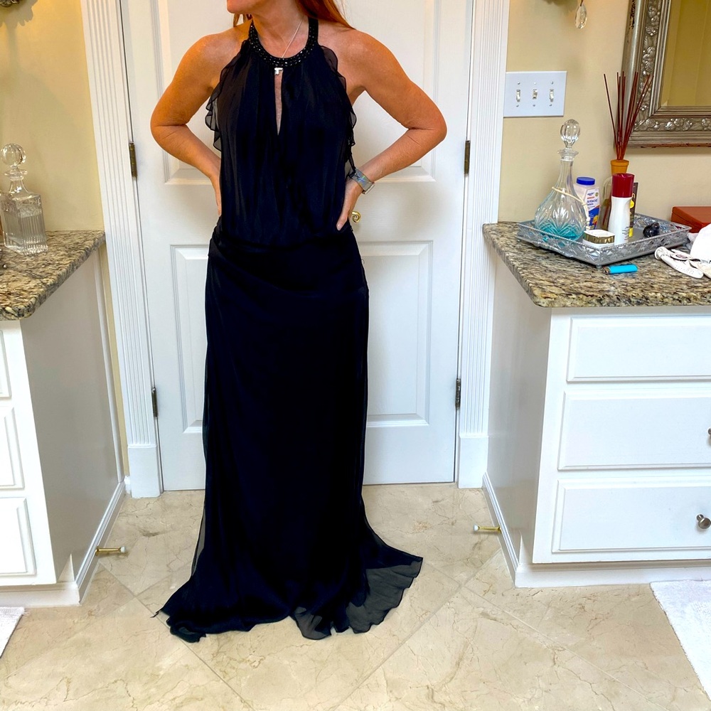 Carmen Marc Valvo Black Silk Evening Gown.  Size 10.